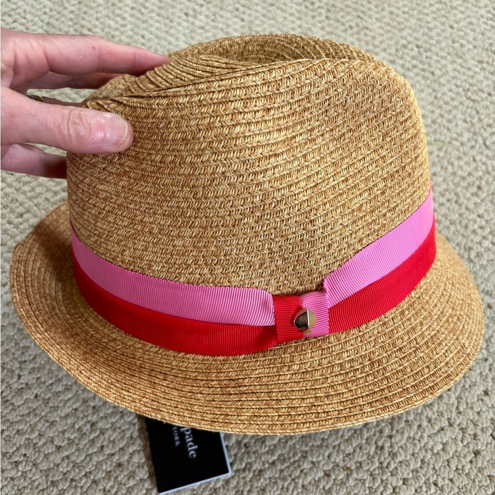 Kate spade Tan Fedora Hat with Pink Band and Red Accent